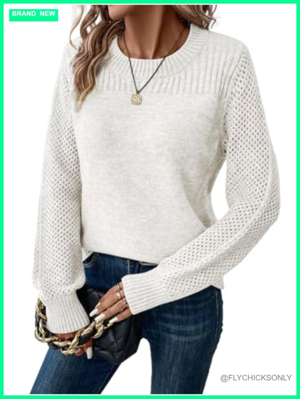 Casual Crew Neck Knit Pullover Sweater Long Sleeve Crochet Eyelet